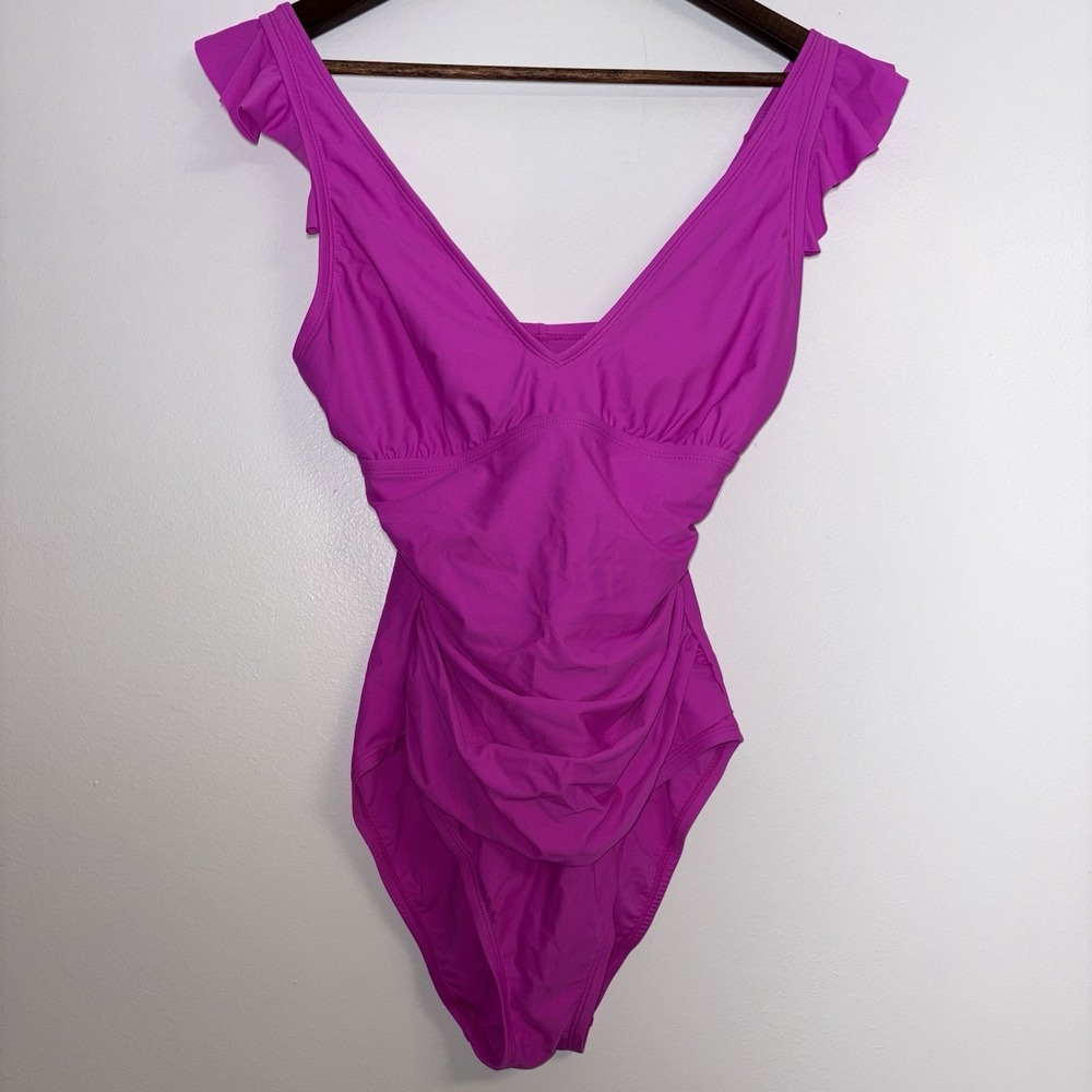 Ellen Tracy Hot Pink Ruched One Piece Swimsuit Ruffle Straps Size 10 Barbiecore